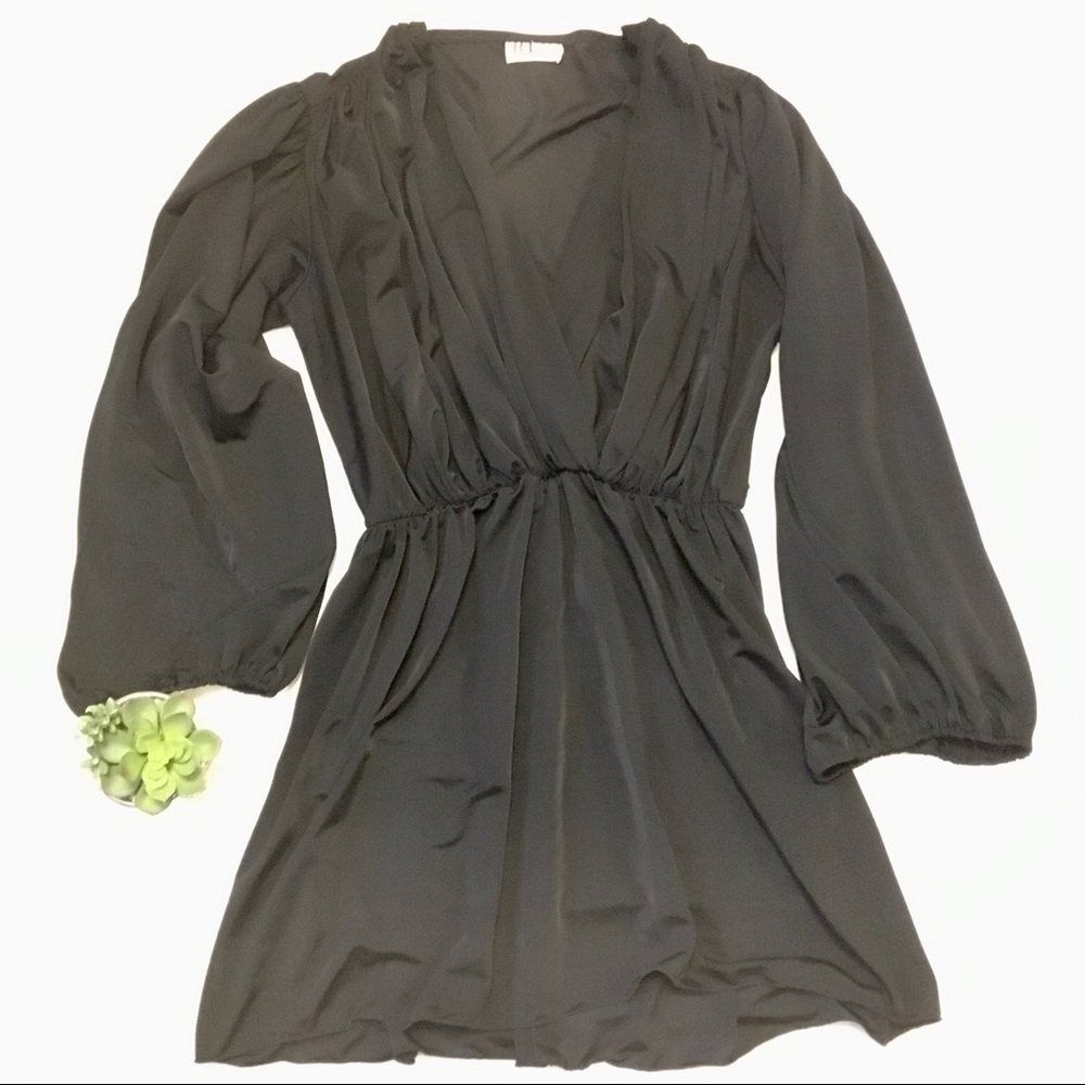 Vintage pillow bell Longsleeve deep V black silky mini dress